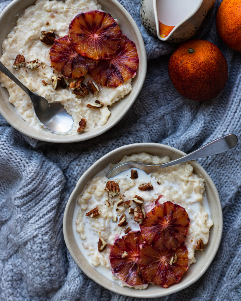 Cosy Rice Pudding with blood oranges and pecans